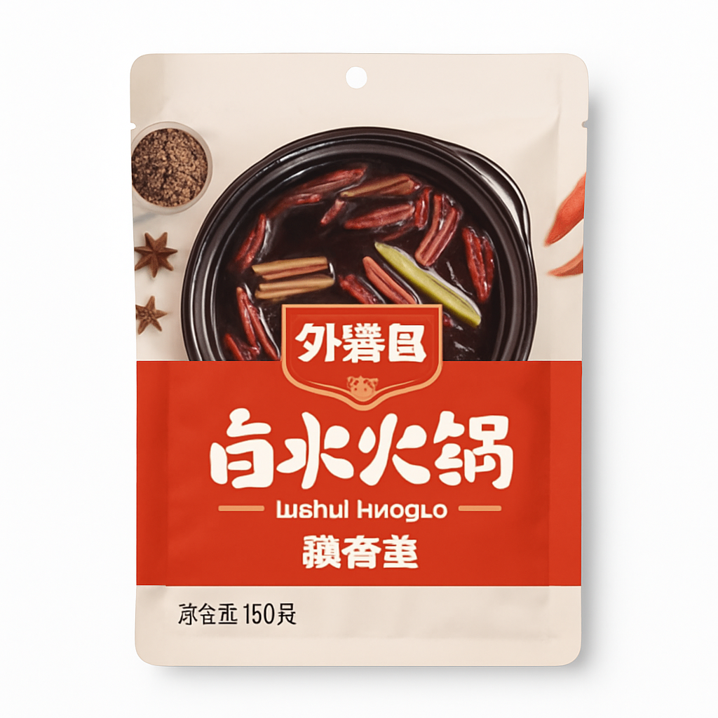 Mei Wei: Tempero para Hot Pot Lushui Huoguo（卤水火锅）- Waipozhao 150g - Embalagem em Fundo Branco