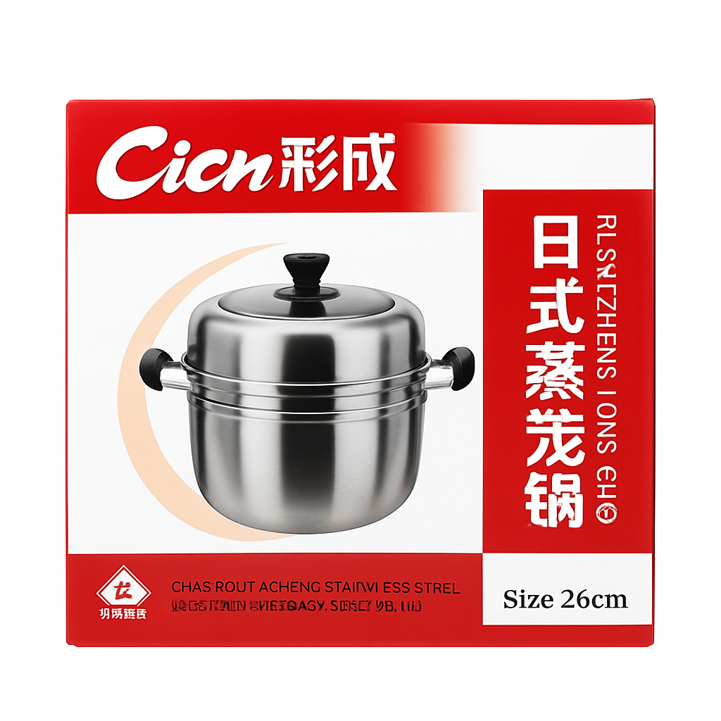 Mei Wei: Panela Vaporeira de Aço Inoxidável Estilo Japonês（日式蒸笼锅）- Cicn 26cm - Embalagem em Fundo Branco
