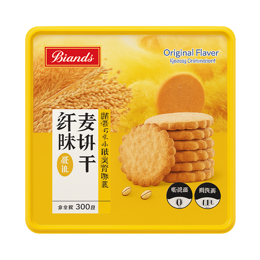 Mei Wei: Biscoito de Fibra de Trigo Sabor Original（原纤味纤麦饼干）- Biando 330g - Embalagem em Fundo Branco