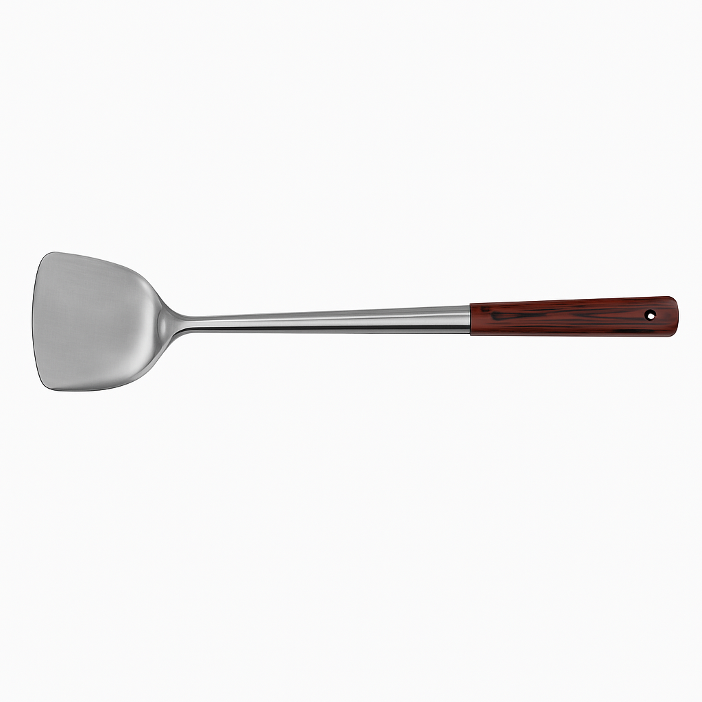 Mei Wei: Espátula de Aço Inoxidável com Cabo de Madeira（3号砂光木柄铲）- Lu Run 52cm - Embalagem em Fundo Branco
