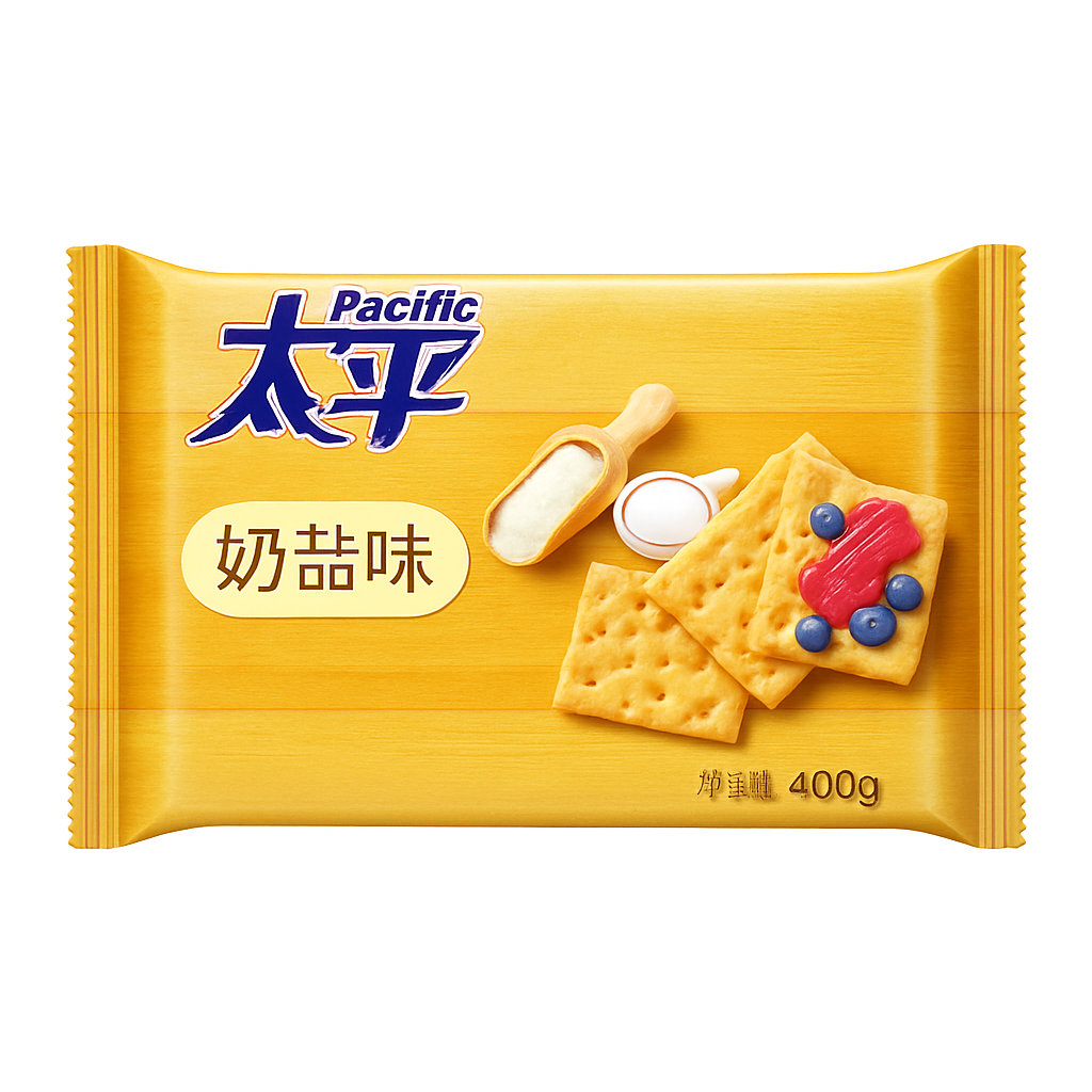Mei Wei: Biscoito Salgado de Leite（奶盐梳打饼干）- Pacific 400g - Embalagem em Fundo Branco