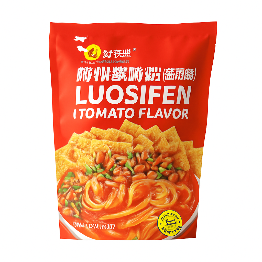 Mei Wei: Macarrão Instantâneo Luosifen Sabor Tomate（柳州螺蛳粉番茄味）- Haohuanluo 220g - Embalagem em Fundo Branco