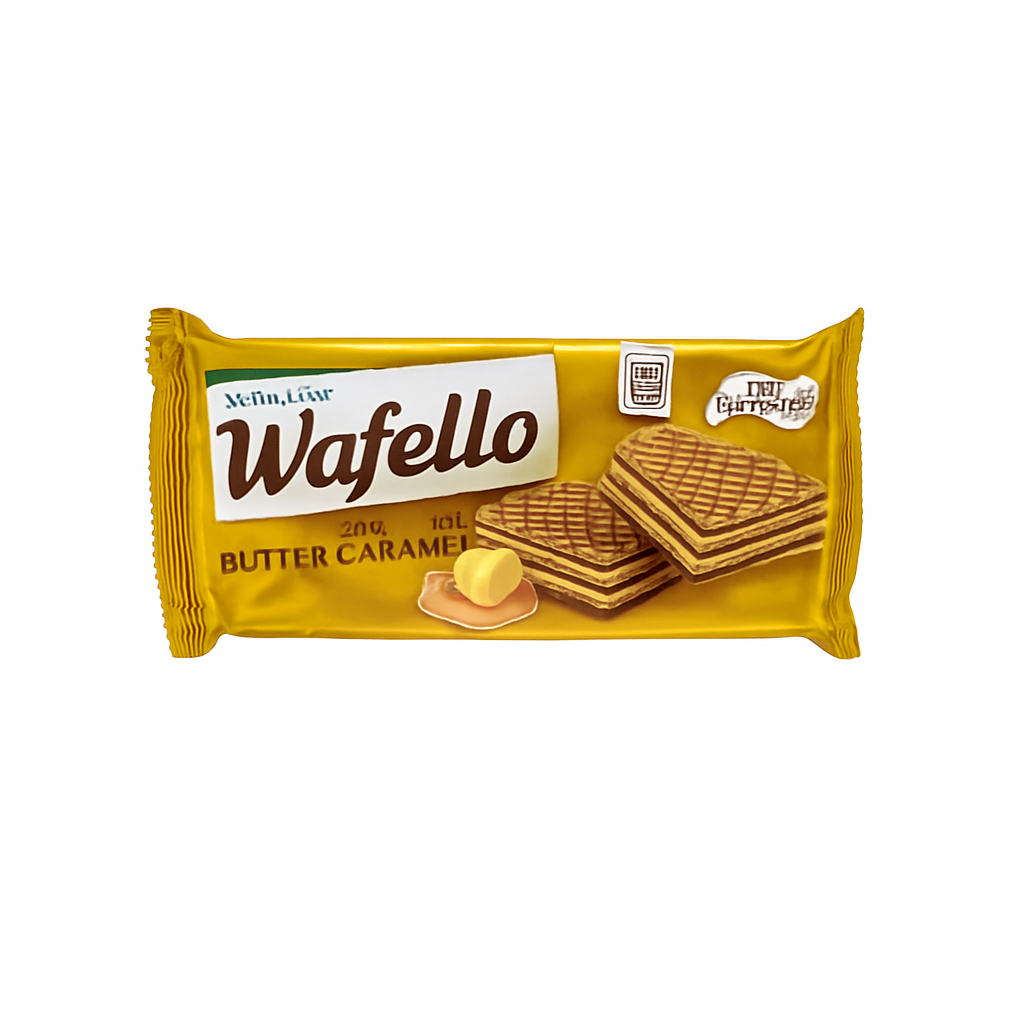 Mei Wei: Wafello Biscoito Wafer Sabor Caramelo - Garoto 95g - Embalagem em Fundo Branco