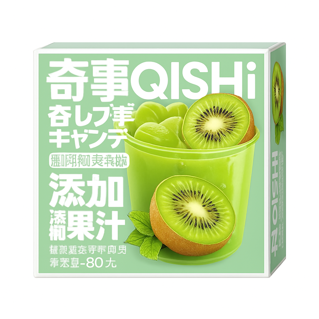 Mei Wei: Bala de Goma Sabor Kiwi（奇異果軟糖）- Qishi 80g - Embalagem em Fundo Branco