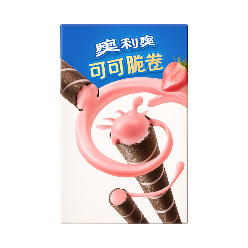 Mei Wei: Biscoito Wafer Roll Oreo Sabor Morango（奥利奥可可脆卷）- Oreo 50g - Embalagem em Fundo Branco