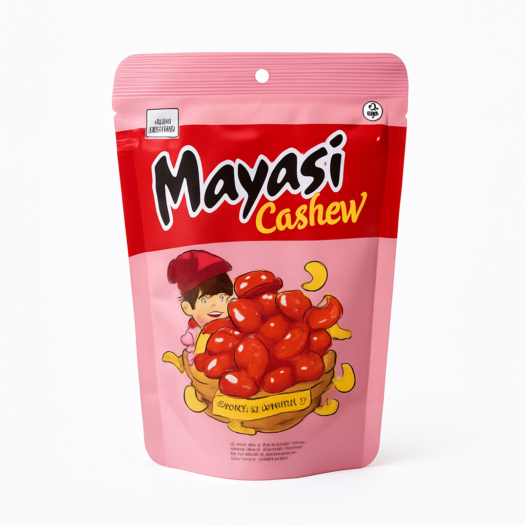 Mei Wei: Mayasi Salgadinho com Castanha-de-caju Sabor Caramelo Salgado（メイヤシ）- Mayasi 45g - Embalagem em Fundo Branco