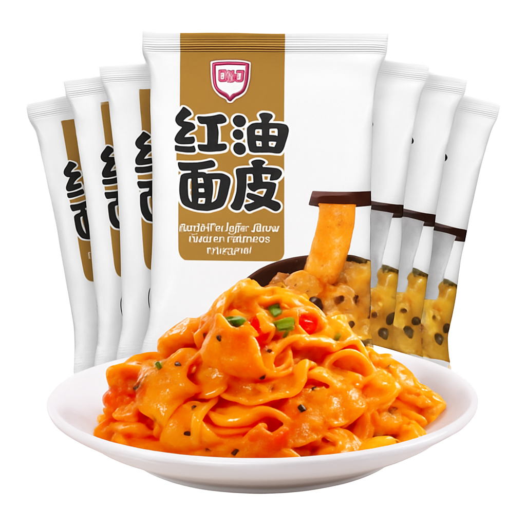 Mei Wei: Massa de Batata Doce com Óleo Vermelho（红油面皮）- Baijia 110g - Embalagem em Fundo Branco