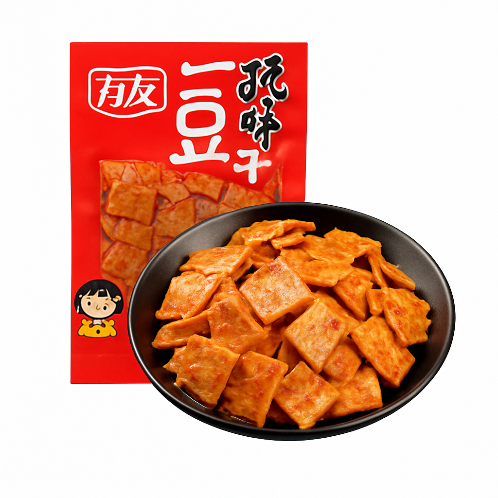Mei Wei: Youyou Petisco de Tofu Seco Quadrado Sabor Picante Ardente（辣条）- Youyou 100g - Embalagem em Fundo Branco