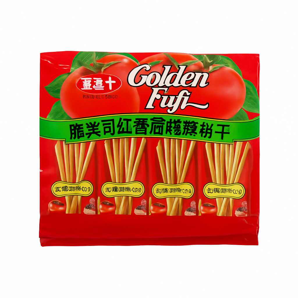 Mei Wei: Biscoito Palito Sabor Tomate（脆美司红番茄味棒饼干）- Golden Fuji 128g - Embalagem em Fundo Branco