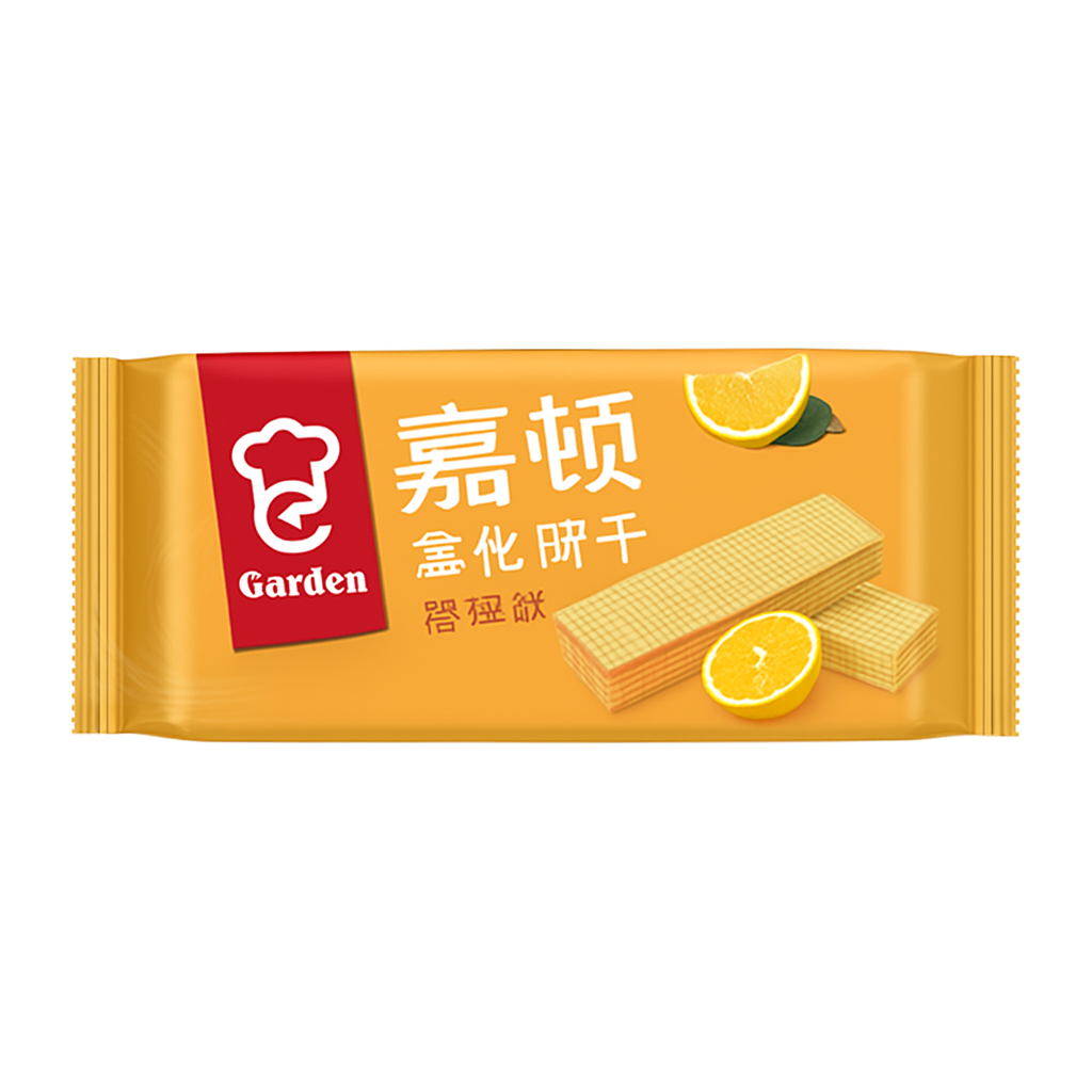 Mei Wei: Wafer Garden Sabor Laranja（嘉顿威化饼干香橙味）- Garden 200g - Embalagem em Fundo Branco