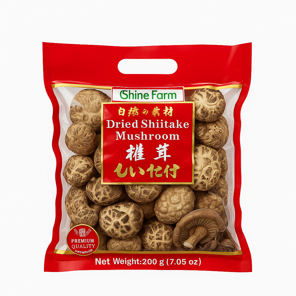 Mei Wei: Cogumelo Shiitake Desidratado 4-5cm（椎茸）- Shine Farm 200g - Embalagem em Fundo Branco