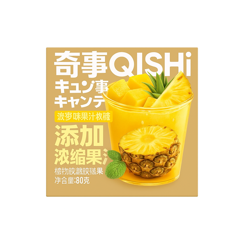 Mei Wei: Bala de Goma Sabor Abacaxi（奇事菠萝味果汁软糖）- Qishi 80g - Embalagem em Fundo Branco