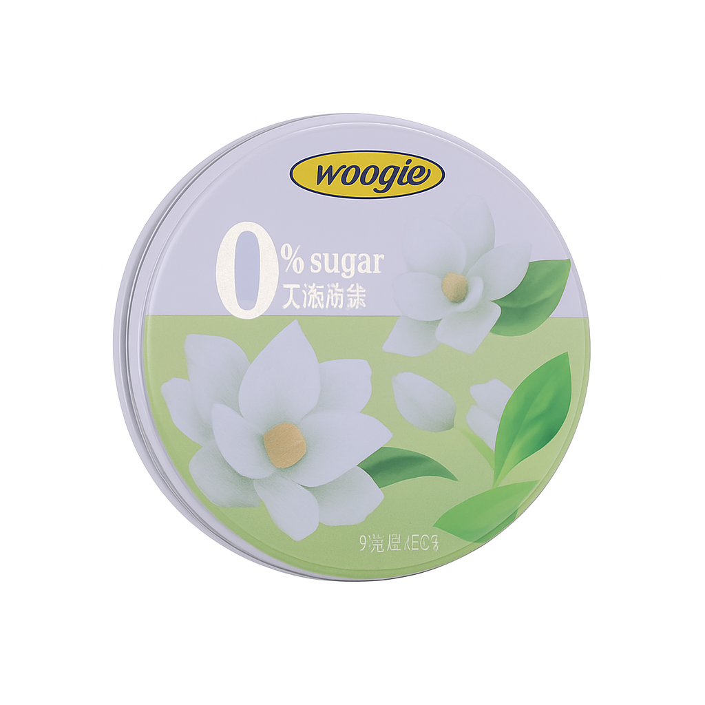 Mei Wei: Bala de Garganta Sabor Jasmim（茉莉花味）- Woogie 45g - Embalagem em Fundo Branco