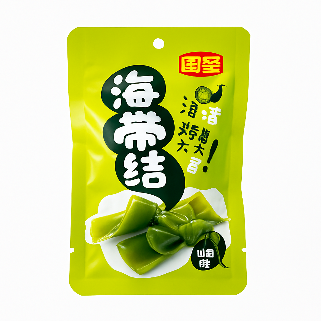 Mei Wei: Alga Kombu com Pimenta Sichuan（山椒海带结）- Guosheng 60g - Embalagem em Fundo Branco