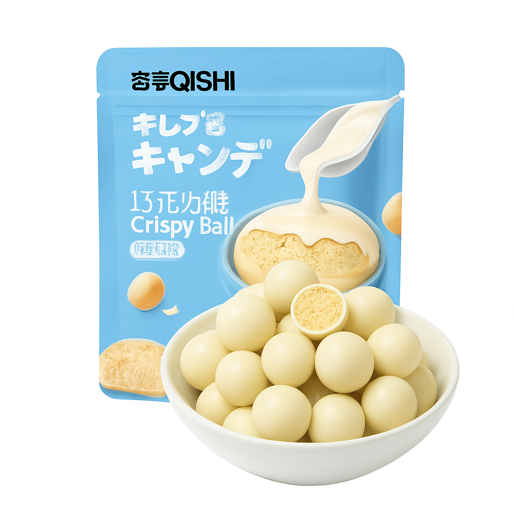 Mei Wei: Chocolate Crispy Ball Sabor Iogurte（奇事キャンデ）- Qishi 70g - Embalagem em Fundo Branco