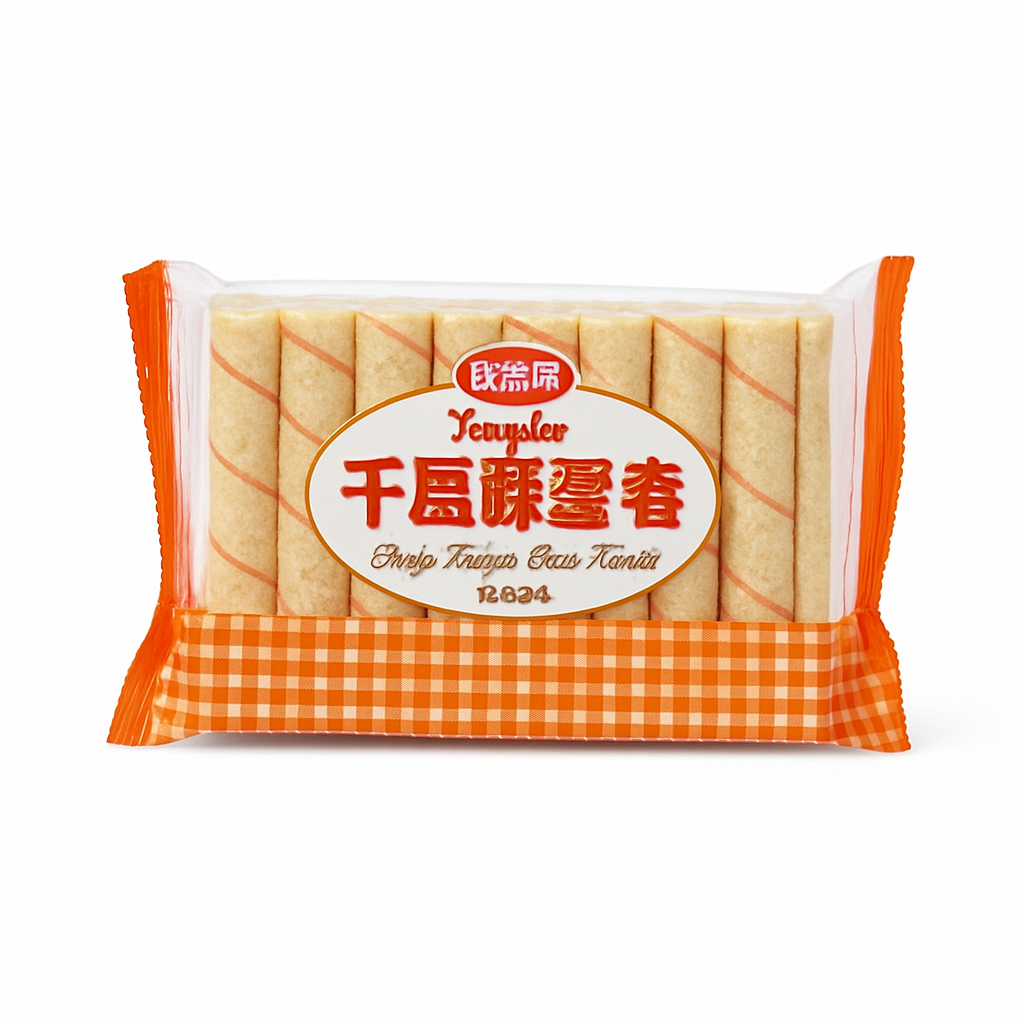 Mei Wei: Biscoito Wafer Sabor Laranja（香橙味蛋卷）- Wei Long 150g - Embalagem em Fundo Branco