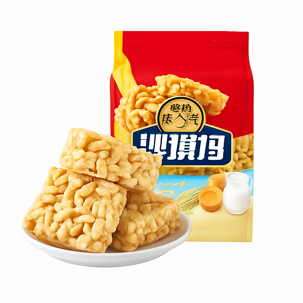 Mei Wei: Sachima Sabor Leite（沙琪玛牛奶味）- Xu Fu Ji 526g - Embalagem em Fundo Branco
