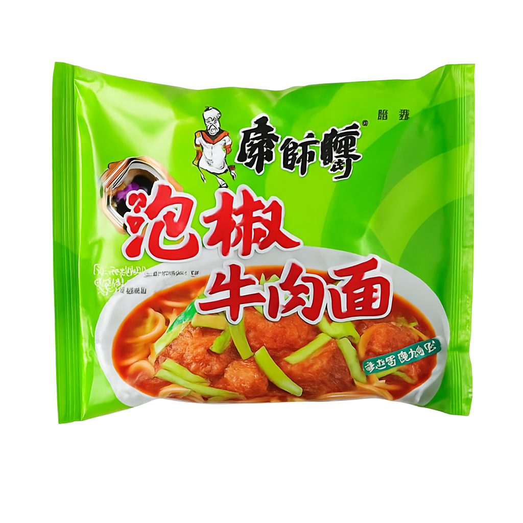 Mei Wei: Lamen Instantâneo Sabor Carne com Pimenta（泡椒牛肉面）- Kangshifu 85g - Embalagem em Fundo Branco