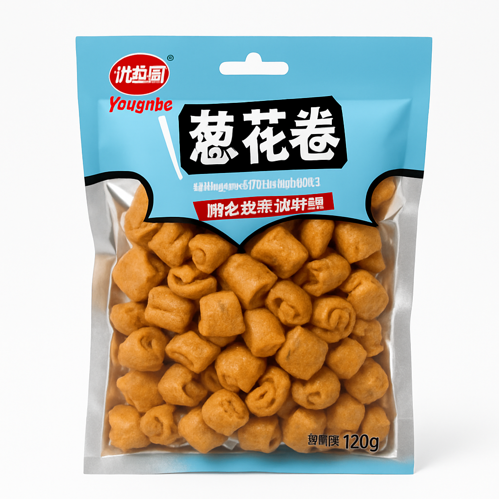 Mei Wei: Salgadinho de Cebola（优益可葱花卷）- Younykee 120g - Embalagem em Fundo Branco
