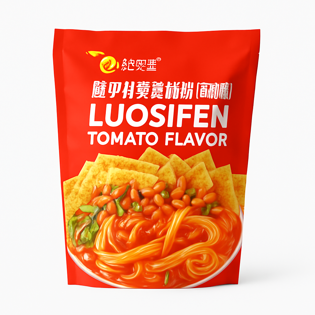 Mei Wei: Macarrão Instantâneo Luosifen Sabor Tomate（柳州螺蛳粉番茄味）- Haohuanluo 220g - Embalagem em Fundo Branco