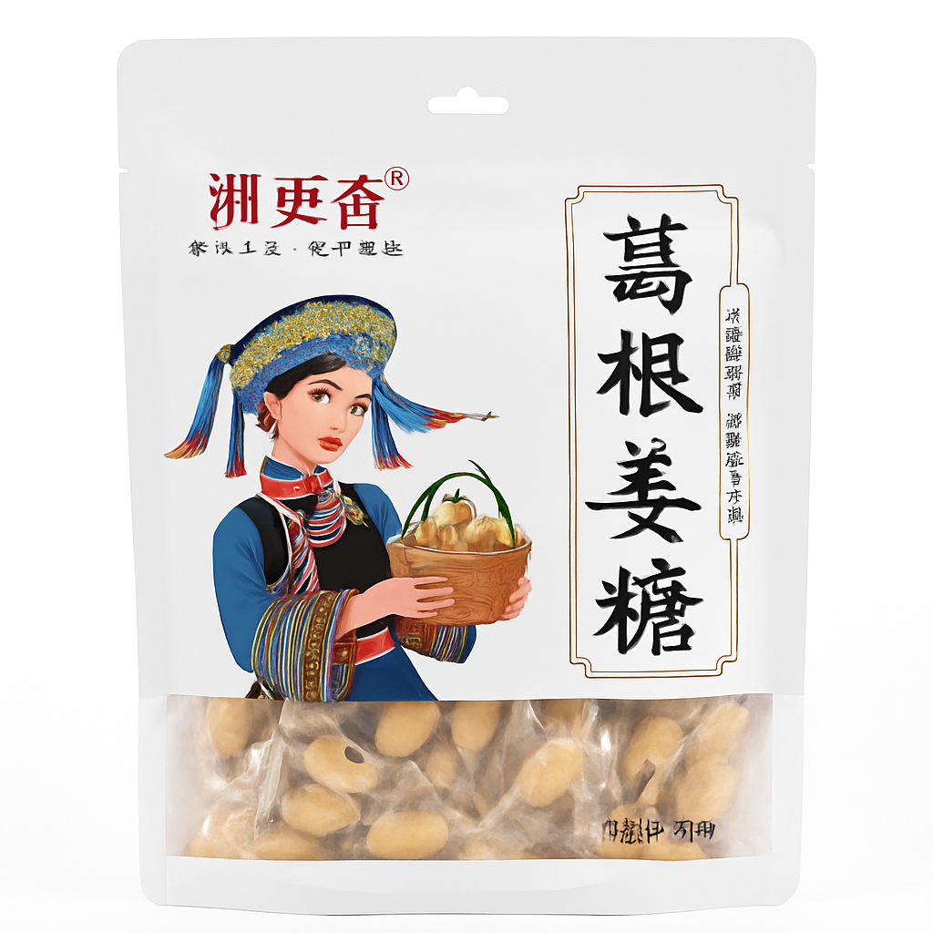 Mei Wei: Bala de Gengibre e Kudzu（葛根姜糖）- Xiang Geng Xiang 200g - Embalagem em Fundo Branco
