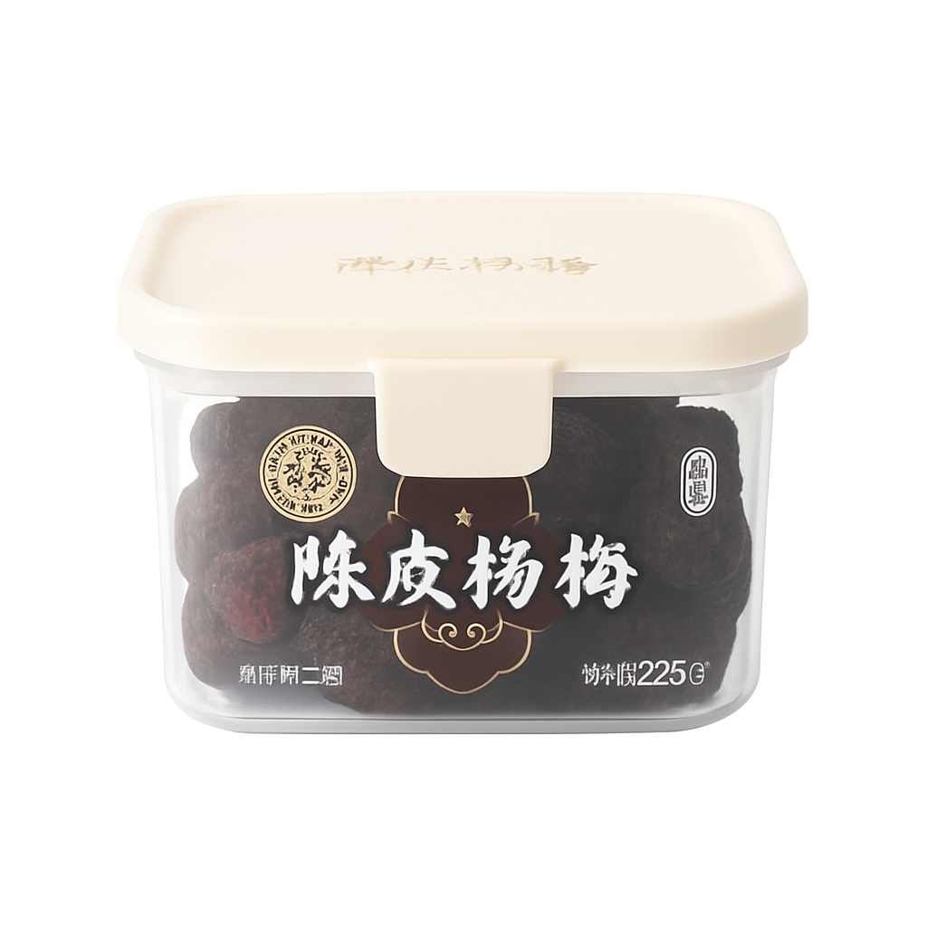 Mei Wei: Ameixa Yang Mei com Casca de Tangerina（陈皮杨梅）- Quanlidang 500g - Embalagem em Fundo Branco