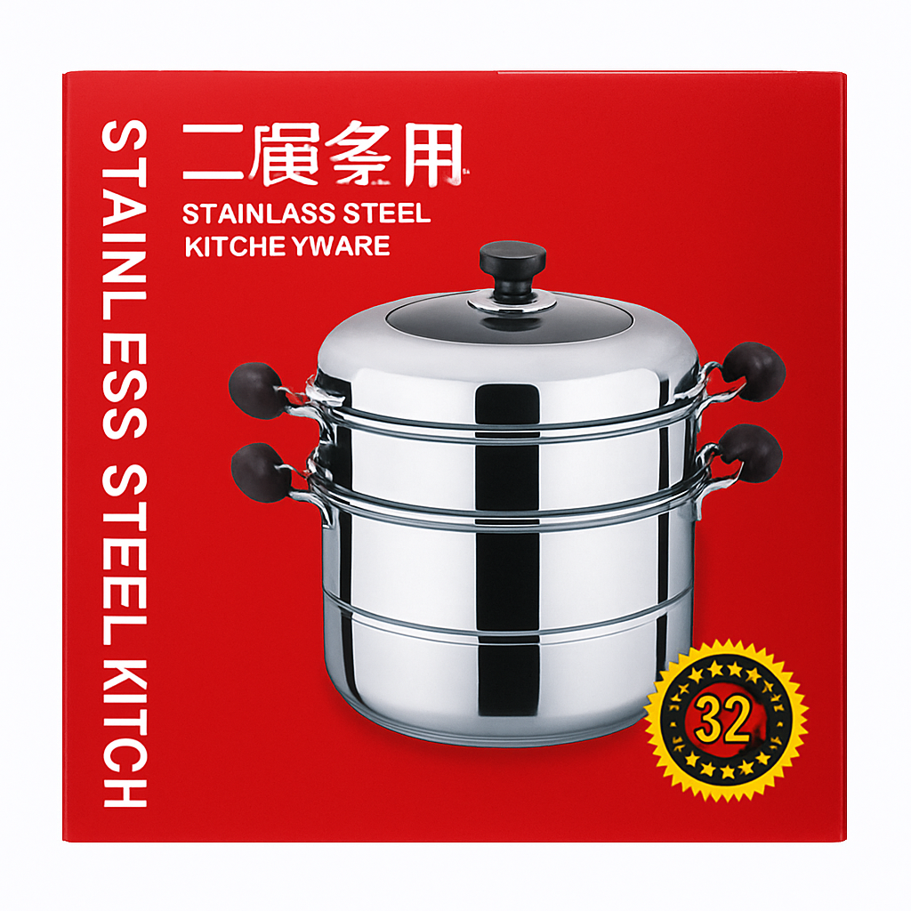 Mei Wei: Panela Vaporeira de Aço Inoxidável 2 Camadas（二层多用蒸锅）- Shuangying 32cm - Embalagem em Fundo Branco