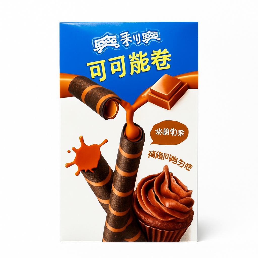 Mei Wei: Biscoito Wafer Crocante Sabor Chocolate（奥利奥可可脆卷）- Oreo 50g - Embalagem em Fundo Branco