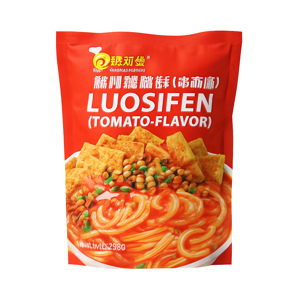 Mei Wei: Macarrão Instantâneo Luosifen Sabor Tomate（柳州螺蛳粉番茄味）- Haohuanluo 220g - Embalagem em Fundo Branco