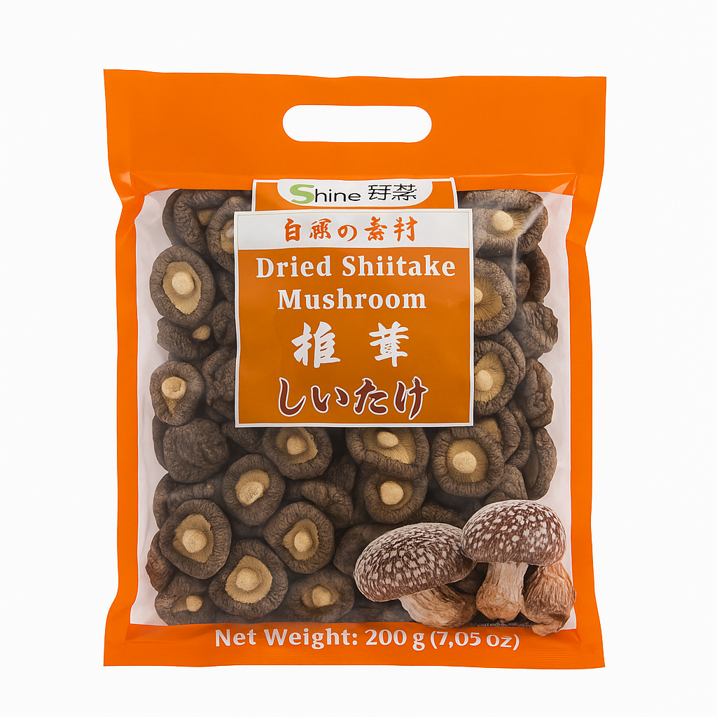 Mei Wei: Cogumelo Shiitake Seco Pequeno（金钱菇）- Shine Farm 200g - Embalagem em Fundo Branco