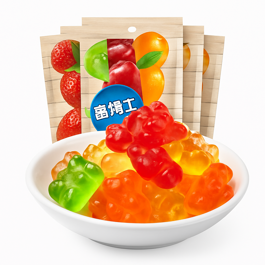 Mei Wei: Bala de Goma Sabor Frutas Variadas（徐福记熊博士橡皮糖）- Xu Fu Ji 60g - Embalagem em Fundo Branco