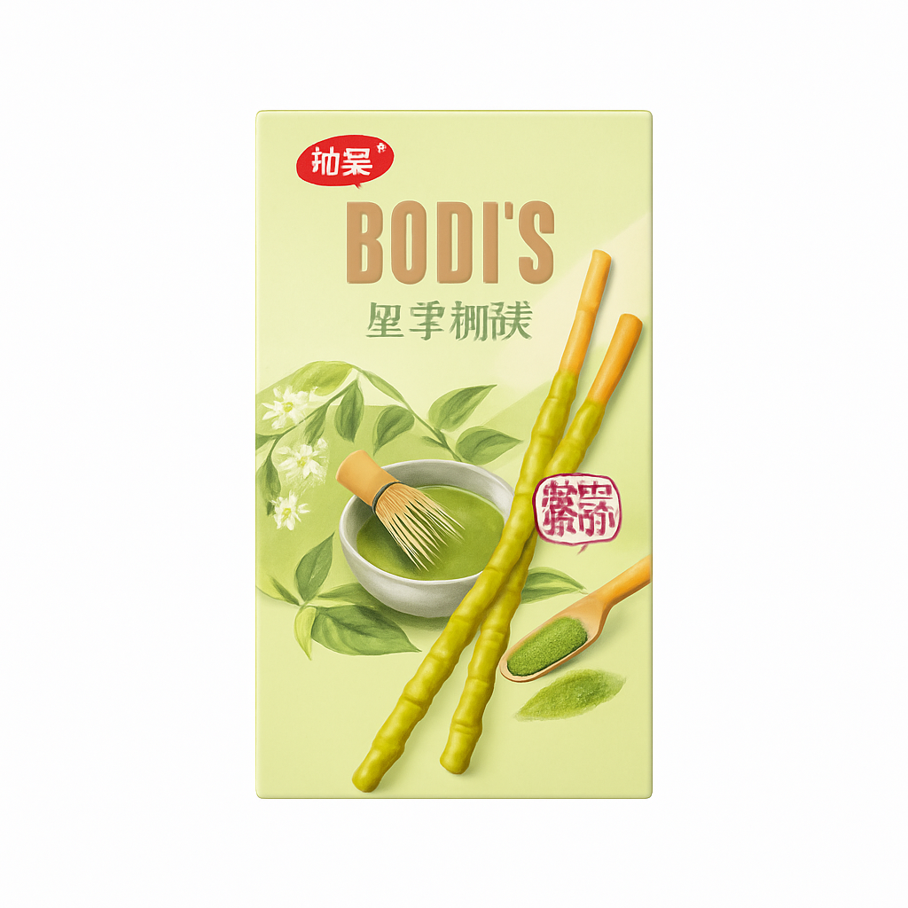 Mei Wei: Biscoito Palito Matcha（伯蒂厚巧粒粒棒）- Bobi's 32g - Embalagem em Fundo Branco