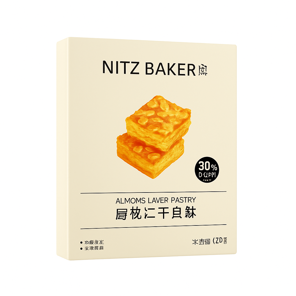 Mei Wei: Biscoito de Amêndoa em Camadas（尼茨扁桃仁千层酥）- Nitz Baker 102g - Embalagem em Fundo Branco