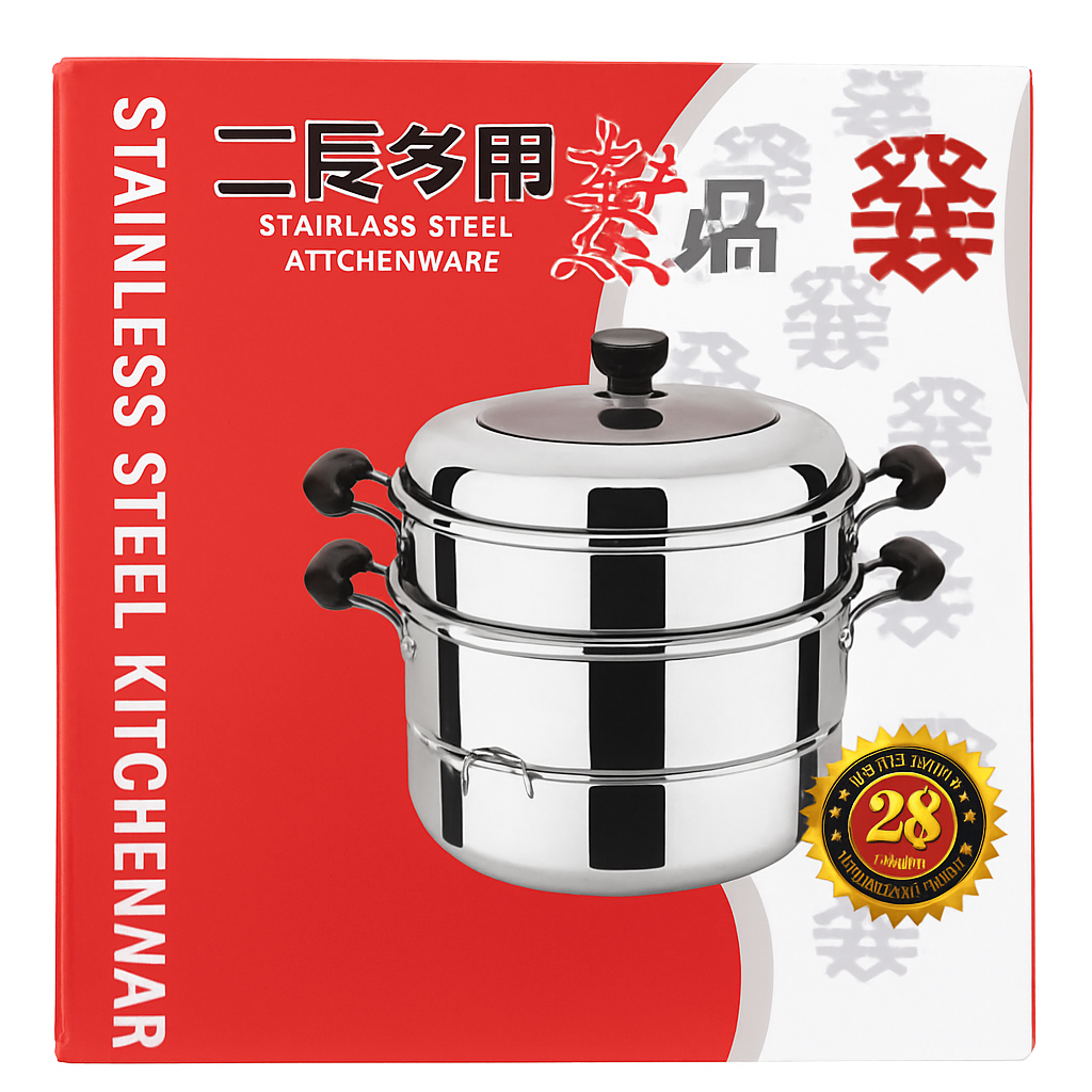 Mei Wei: Panela Vaporeira de Aço Inoxidável 2 Camadas（二层多用蒸锅）- Shuang Ying 28cm - Embalagem em Fundo Branco