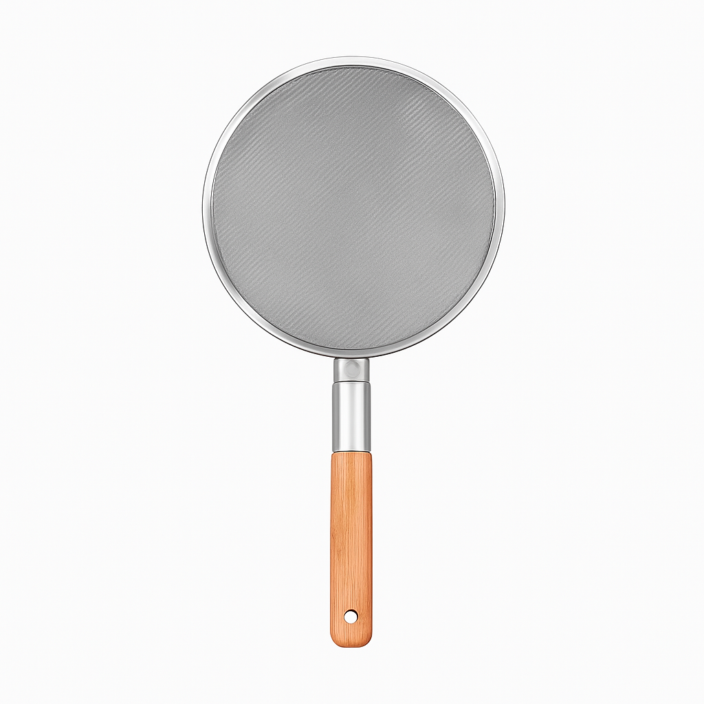 Mei Wei: Peneira Fina de Aço Inoxidável com Cabo de Bambu 16cm - Embalagem em Fundo Branco