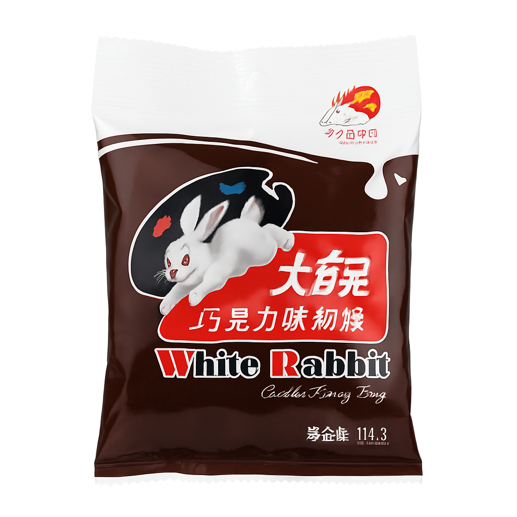 Mei Wei: Bala de Leite Sabor Chocolate（大白兔巧克力味奶糖）- White Rabbit 114g - Embalagem em Fundo Branco