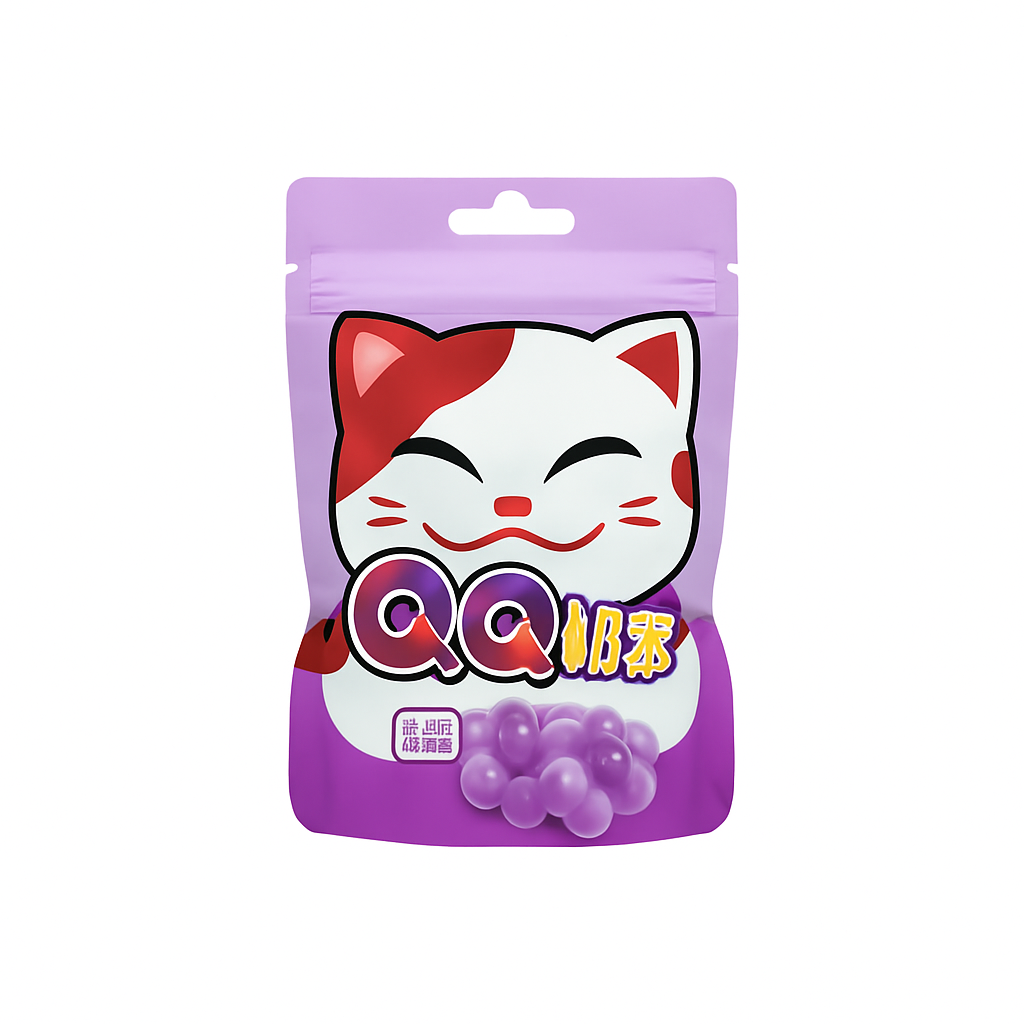 Mei Wei: Bala de Goma QQ Sabor Uva（QQ软糖）- Want Want 145g - Embalagem em Fundo Branco