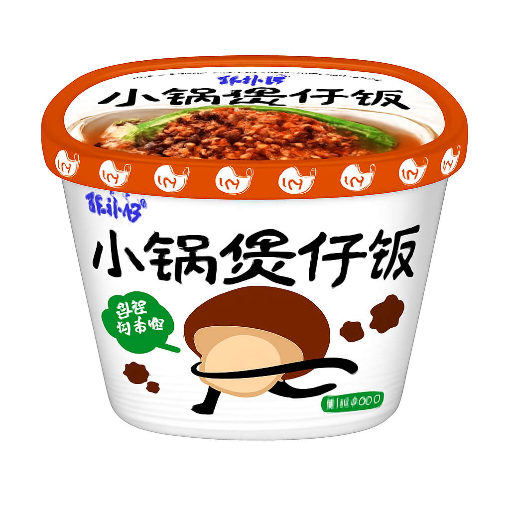 Mei Wei: Arroz de Panela Sabor Cogumelo com Molho de Carne（小钢煲仔饭）- Fan Xiaochan 190g - Embalagem em Fundo Branco