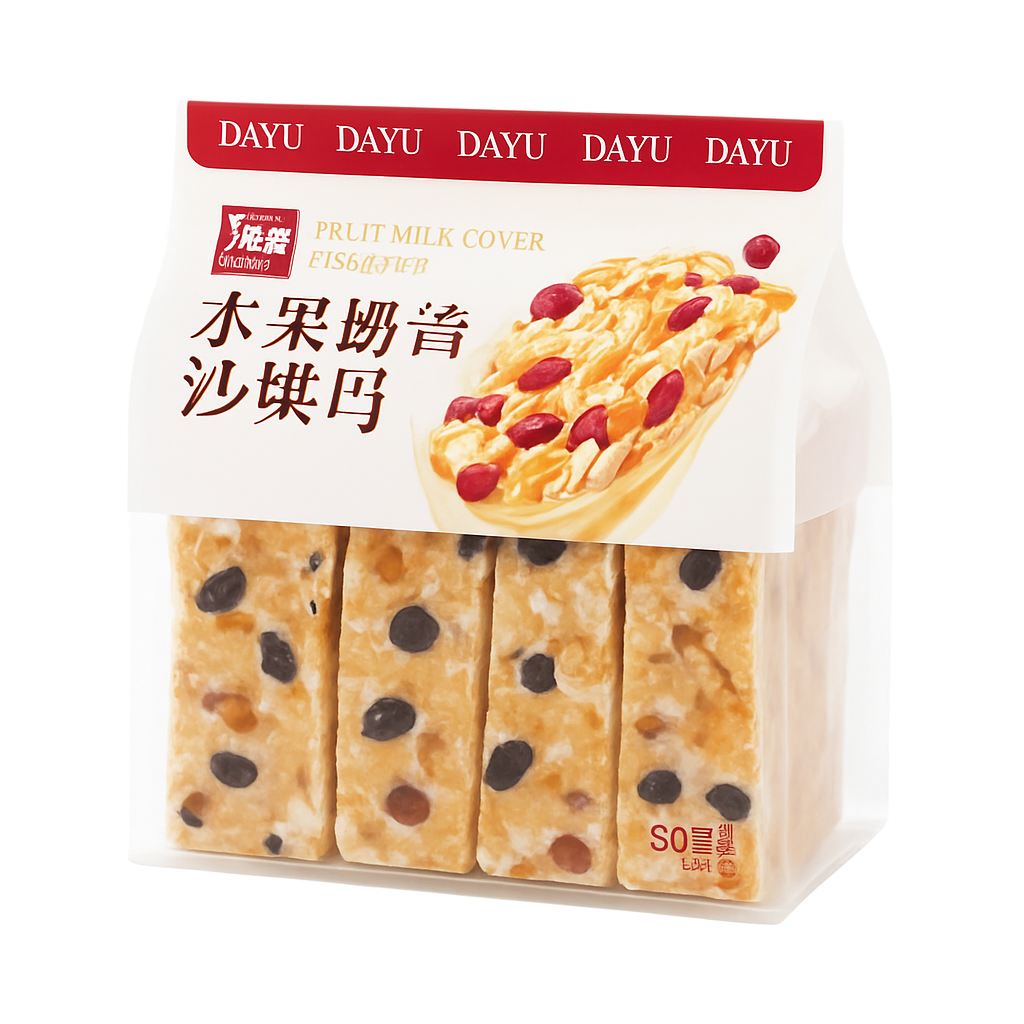 Mei Wei: Sachima de Frutas com Cobertura de Leite（水果奶盖沙琪玛）- Dayu 508g - Embalagem em Fundo Branco
