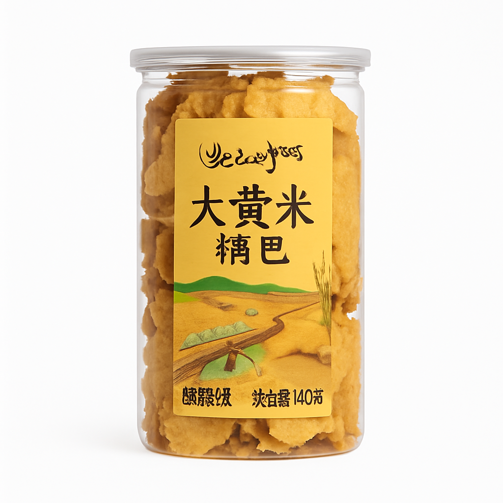 Mei Wei: Biscoito de Arroz Amarelo Sabor Churrasco （大黄米锅巴烧烤味）- Xiaochimao 240g - Embalagem em Fundo Branco