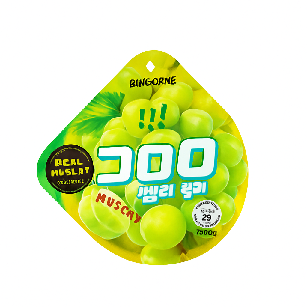 Mei Wei: Bala de Gelatina Sabor Uva Branca（哈酷露露果汁软糖）- UHA 52g - Embalagem em Fundo Branco