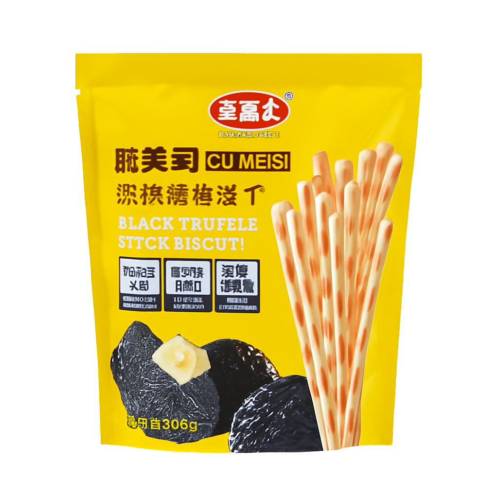 Mei Wei: Biscoito Palito de Trufa Negra（脆美司黑松露棒饼干）- Golden Fuji 208g - Embalagem em Fundo Branco