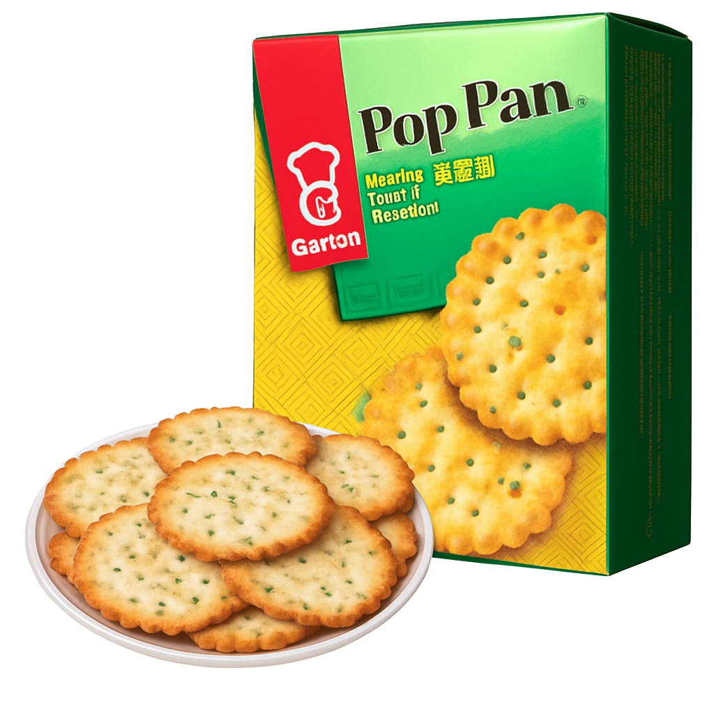 Mei Wei: Pop Pan Biscoito de Cebola（嘉顿香葱薄饼）- Garden 225g - Embalagem em Fundo Branco