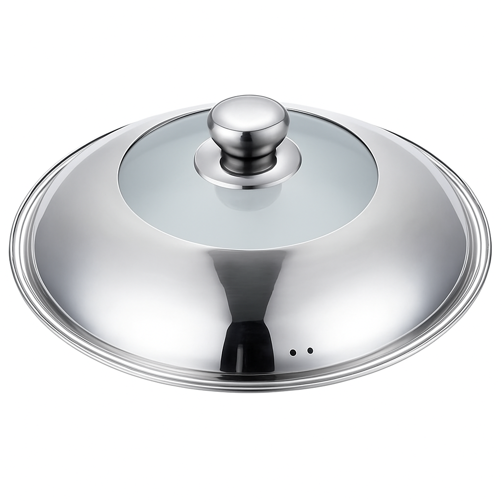 Mei Wei: Tampa de Aço Inox com Visor de Vidro 40cm（刚博士半玻盖40cm） - Embalagem em Fundo Branco