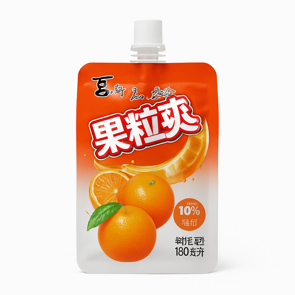 Mei Wei: Bebida com Polpa de Laranja（喜之郎果粒爽饮料）- Xizhilang 350ml - Embalagem em Fundo Branco