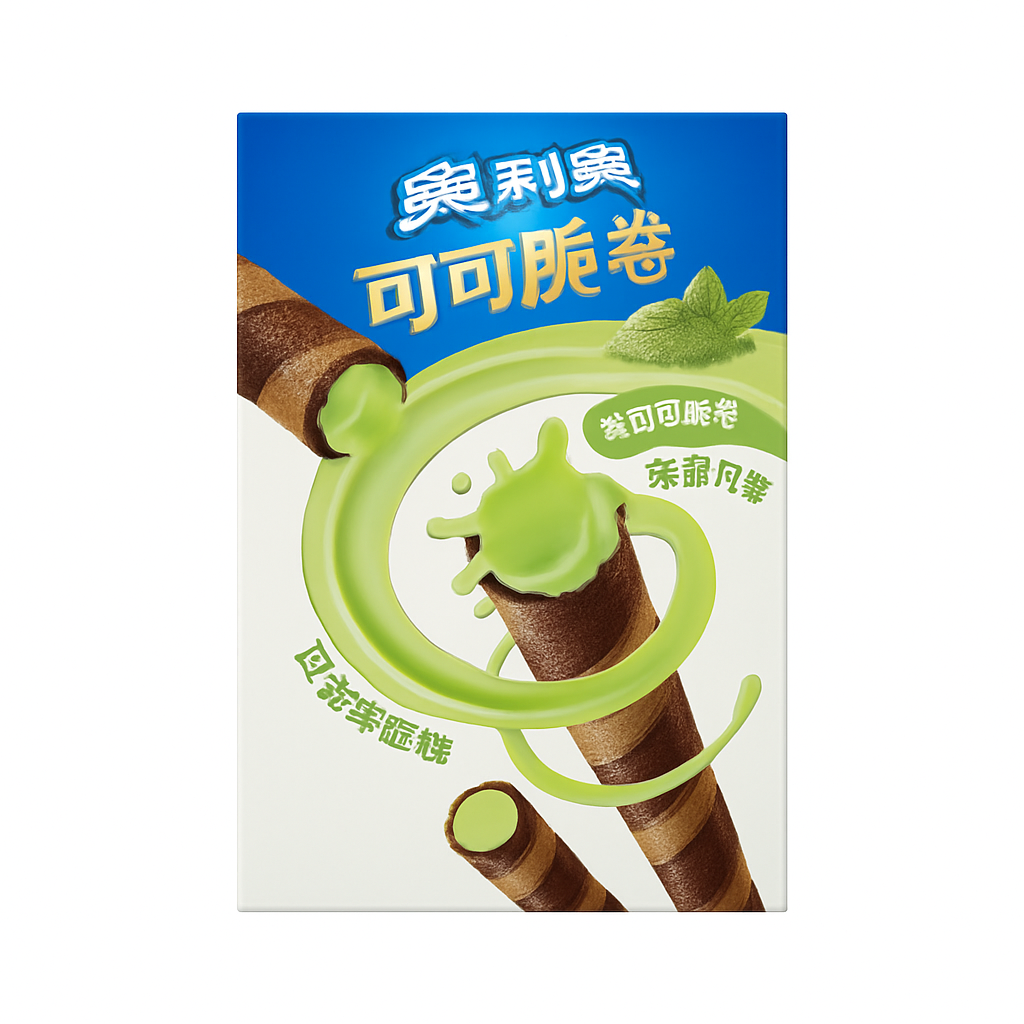 Mei Wei: Wafer Oreo Matcha Sabor Chá Verde（奥利奥可可脆卷）- Oreo 50g - Embalagem em Fundo Branco