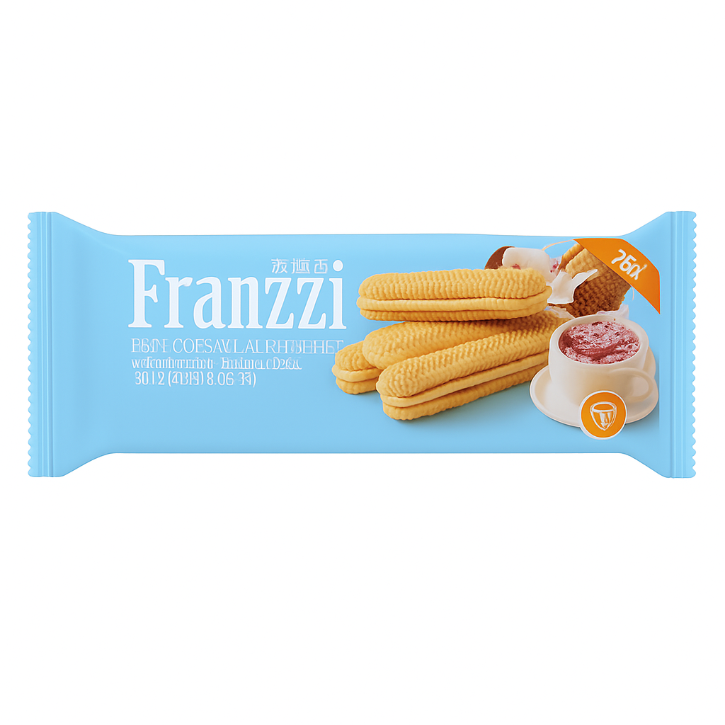 Mei Wei: Biscoito Waffle com Recheio Sabor Café Latte de Coco（法丽兹夹心曲奇）- Franzzi 70g - Embalagem em Fundo Branco