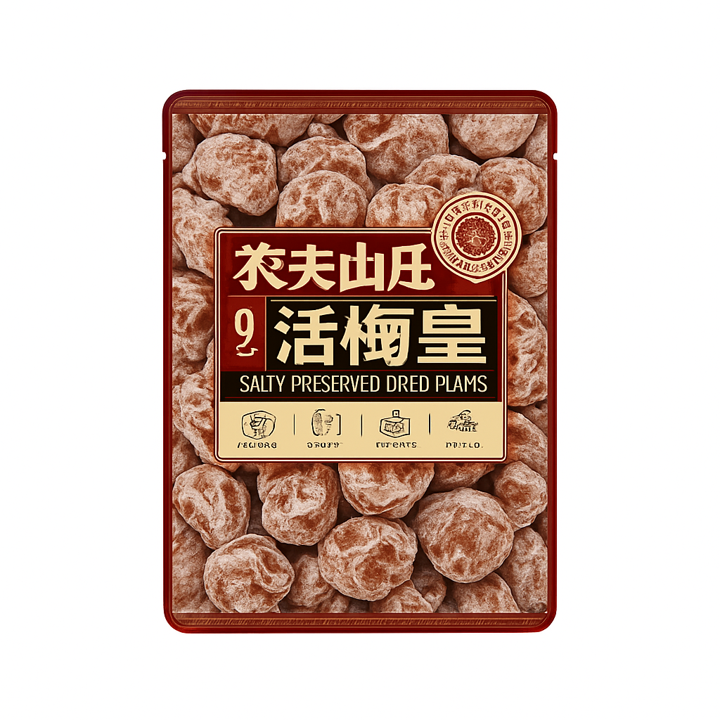 Mei Wei: Ameixa Seca Salgada Preservada（农夫山庄话梅皇）- Nongfu Shanzhuang 122g - Embalagem em Fundo Branco