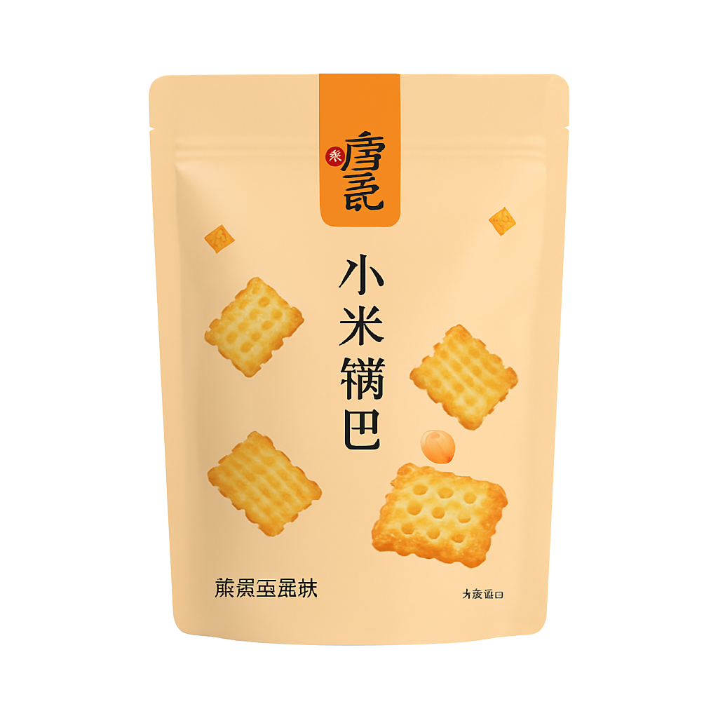 Mei Wei: Biscoito de Arroz Sabor Gema Salgada（小米锅巴咸香蛋黄味）- Xun Tang Ji 158g - Embalagem em Fundo Branco