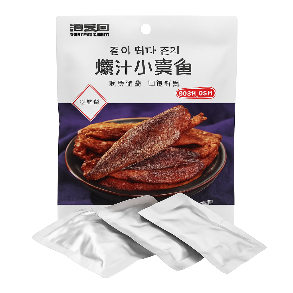 Mei Wei: Peixe Amarelo Picante（爆汁小黄鱼）- Qinghaoyuan 66g - Embalagem em Fundo Branco